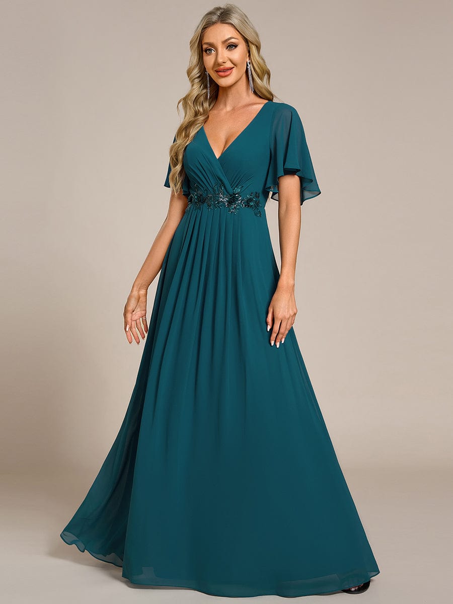 Elegant Chiffon Applique Evening Dress with Flutter Sleeves #color_Teal