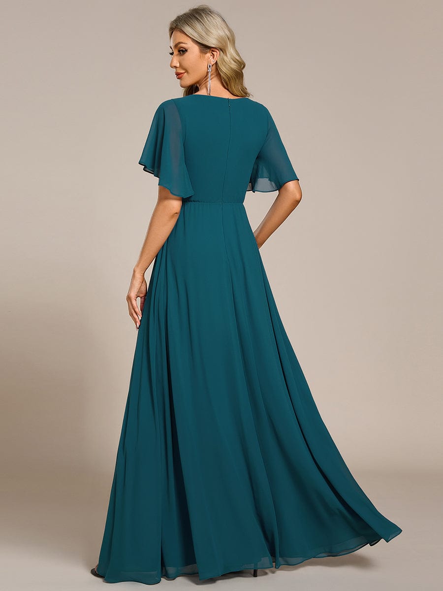 Elegant Chiffon Applique Evening Dress with Flutter Sleeves #color_Teal