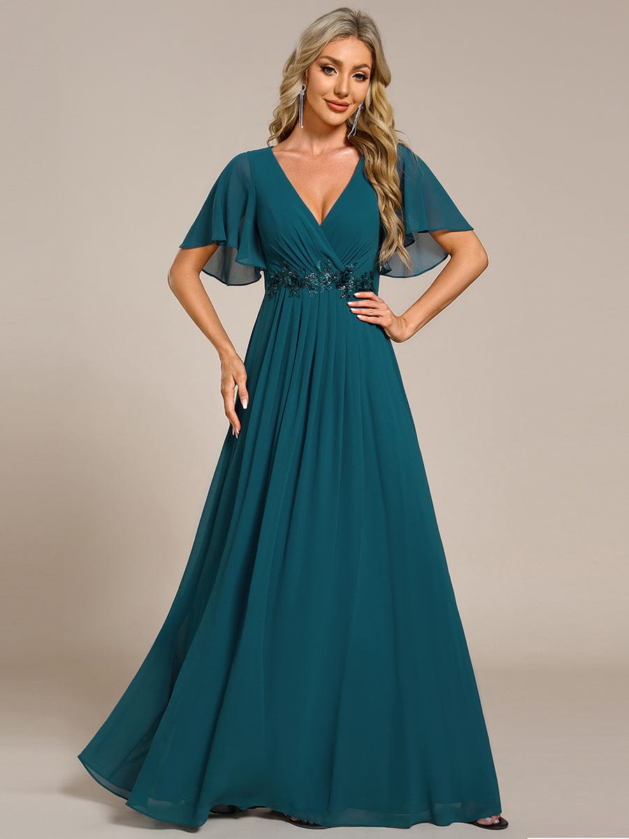 Elegant Chiffon Applique Evening Dress with Flutter Sleeves #color_Teal