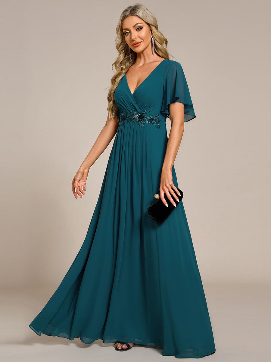 Elegant Chiffon Applique Evening Dress with Flutter Sleeves #color_Teal