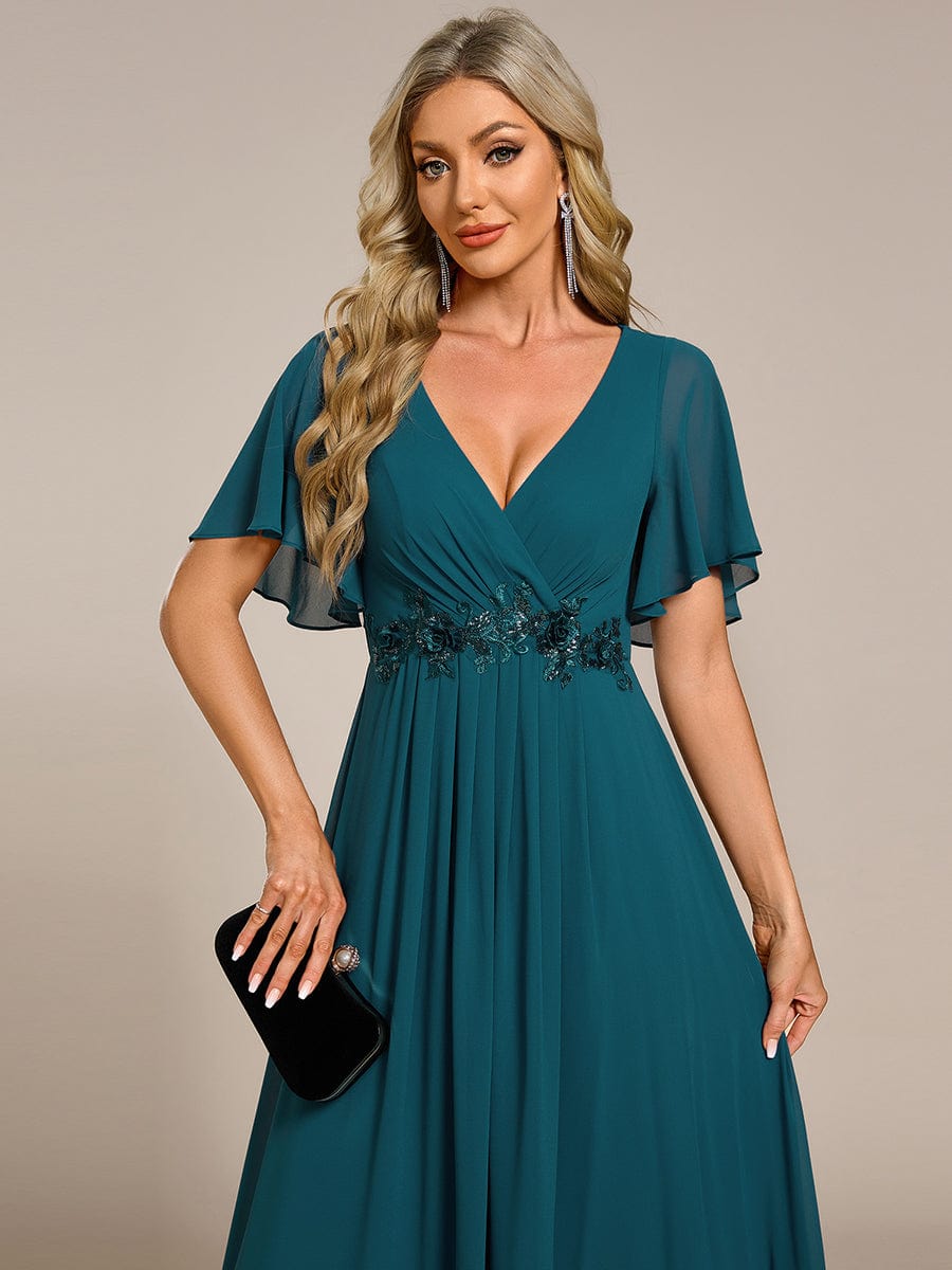 Elegant Chiffon Applique Evening Dress with Flutter Sleeves #color_Teal