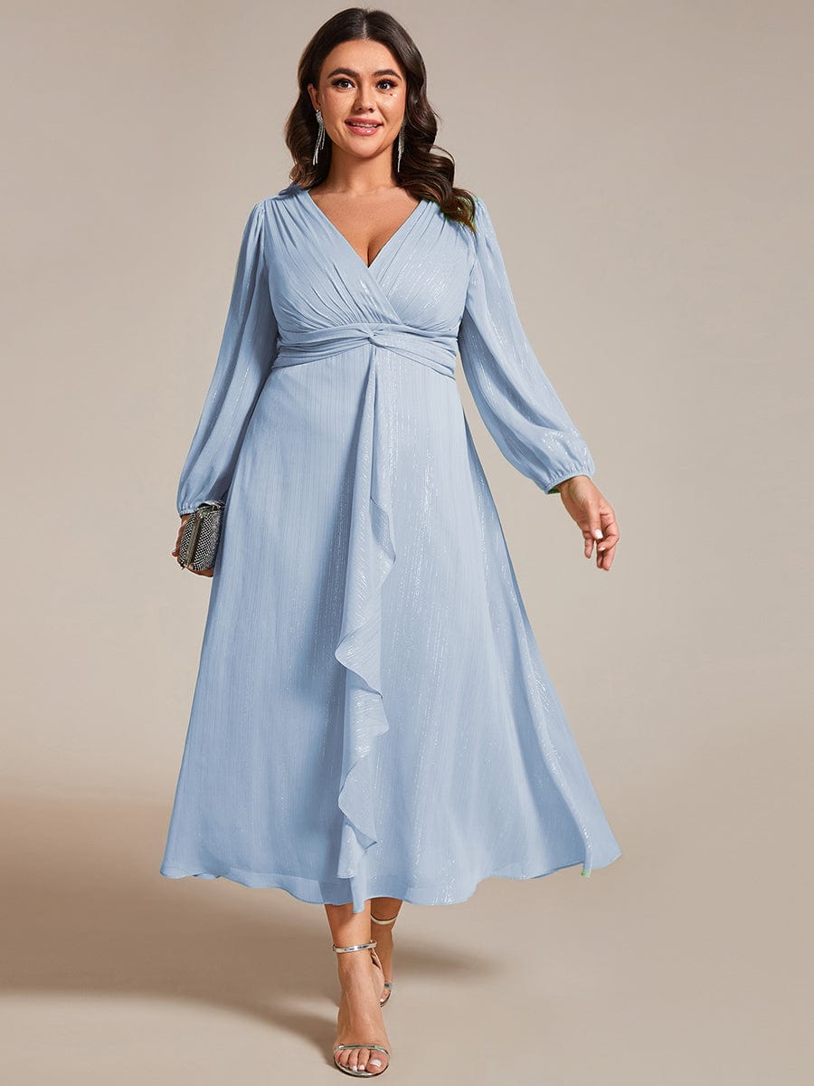 Shimmering Long Sleeve V-Neck Chiffon Twist Knot A-Line Evening Dress #color_Sky Blue