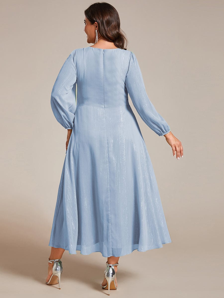 Shimmering Long Sleeve V-Neck Chiffon Twist Knot A-Line Evening Dress #color_Sky Blue