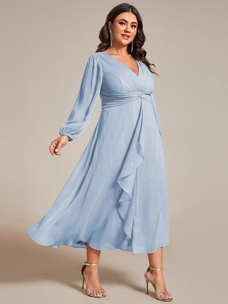 Shimmering Long Sleeve V-Neck Chiffon Twist Knot A-Line Evening Dress #color_Sky Blue