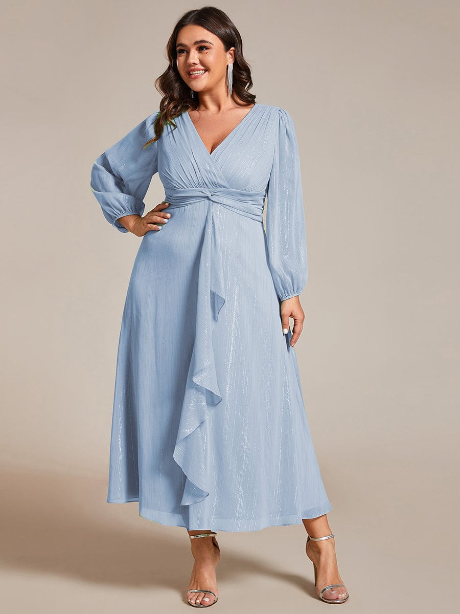 Shimmering Long Sleeve V-Neck Chiffon Twist Knot A-Line Evening Dress #color_Sky Blue