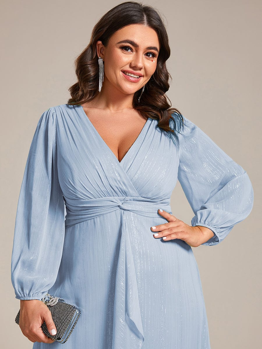 Shimmering Long Sleeve V-Neck Chiffon Twist Knot A-Line Evening Dress #color_Sky Blue