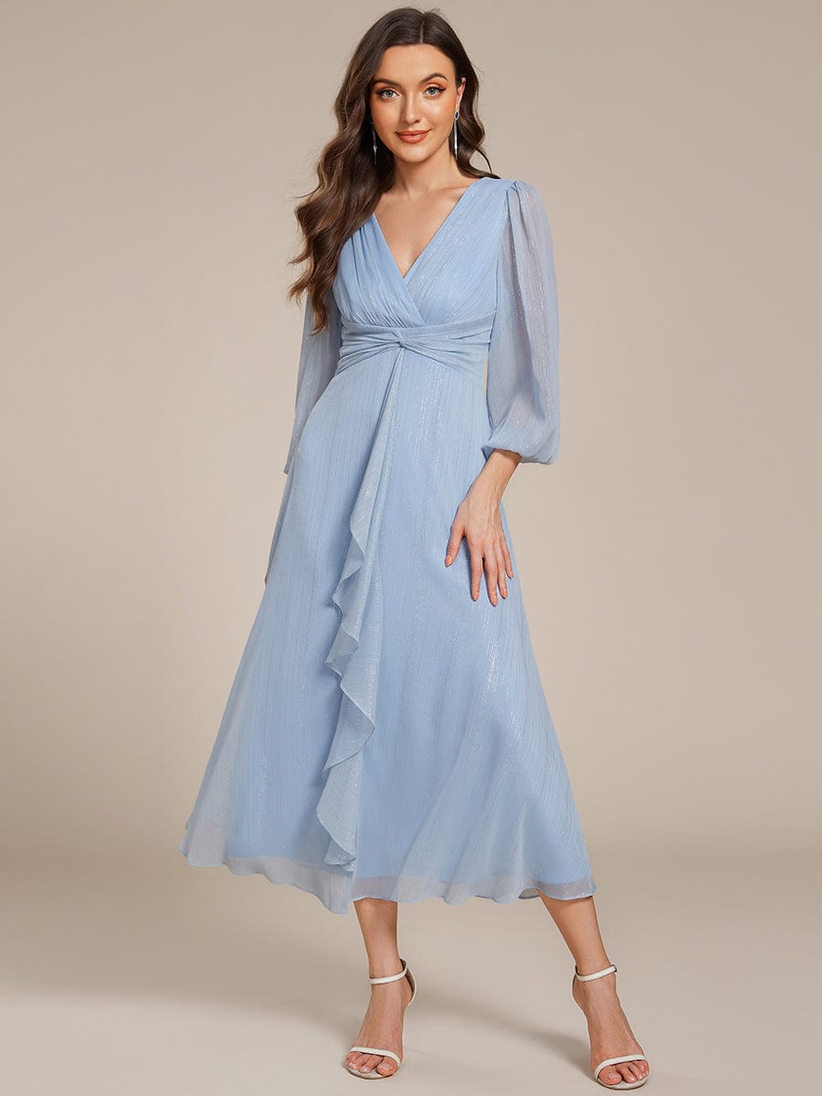 Shimmering Long Sleeve V-Neck Chiffon Twist Knot A-Line Evening Dress #color_Sky Blue