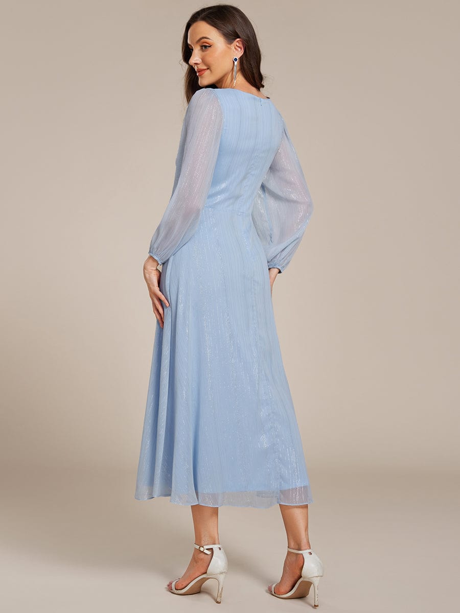 Shimmering Long Sleeve V-Neck Chiffon Twist Knot A-Line Evening Dress #color_Sky Blue