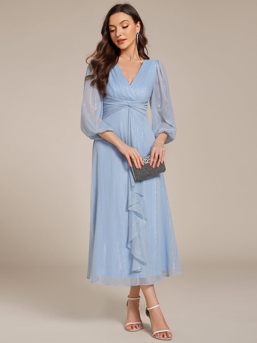 Shimmering Long Sleeve V-Neck Chiffon Twist Knot A-Line Evening Dress #color_Sky Blue