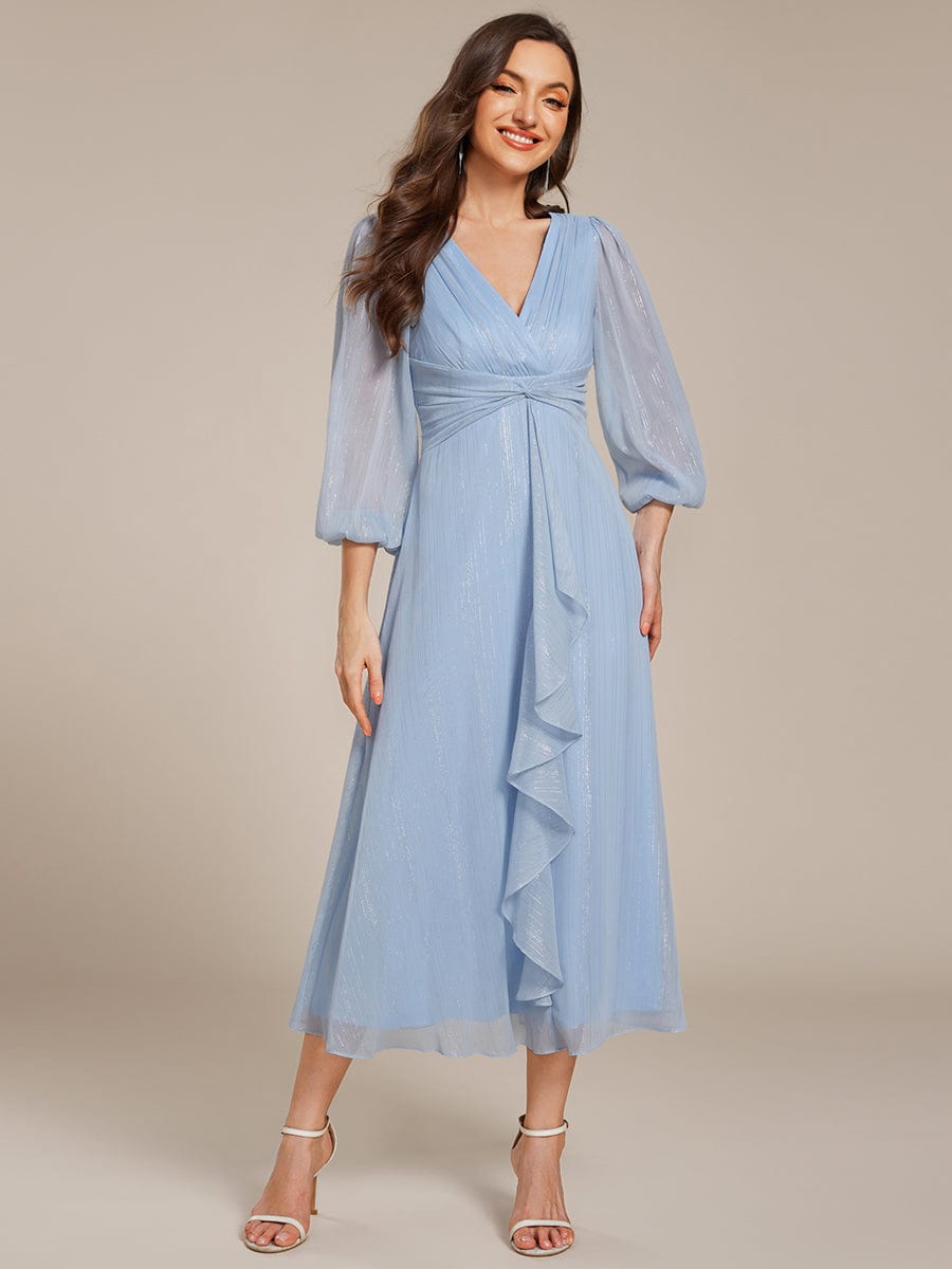 Shimmering Long Sleeve V-Neck Chiffon Twist Knot A-Line Evening Dress #color_Sky Blue