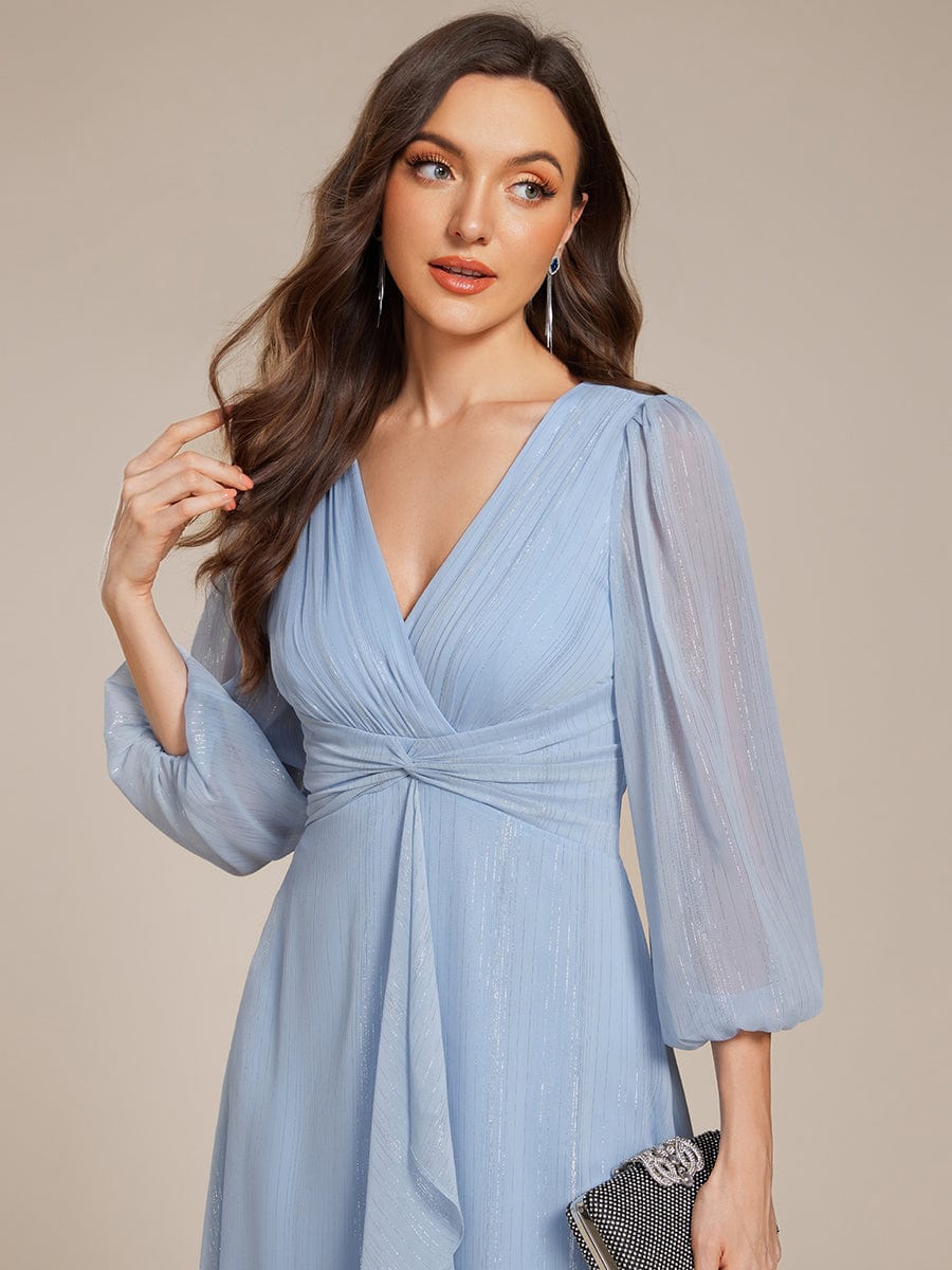 Shimmering Long Sleeve V-Neck Chiffon Twist Knot A-Line Evening Dress #color_Sky Blue