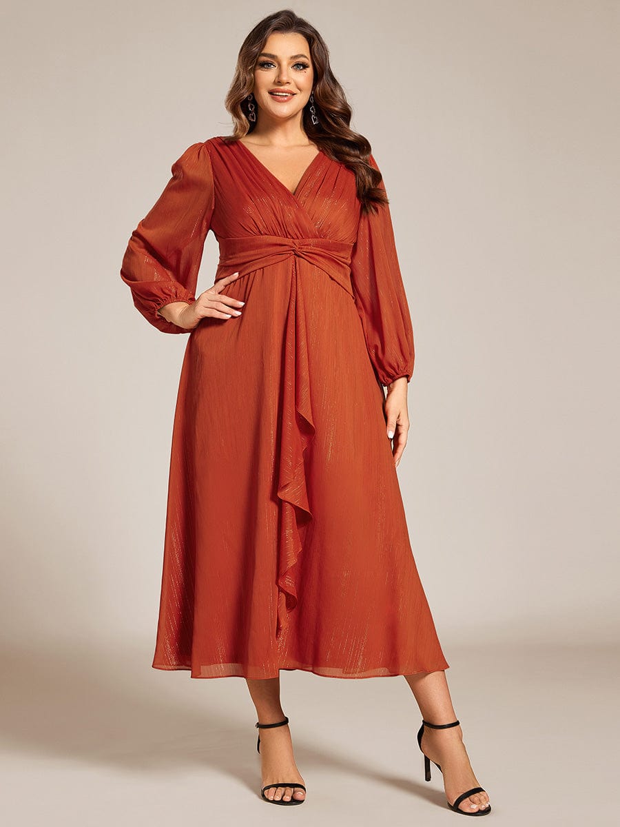 Shimmering Long Sleeve V-Neck Chiffon Twist Knot A-Line Evening Dress #color_Burnt Orange