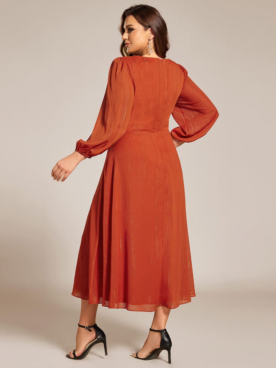 Shimmering Long Sleeve V-Neck Chiffon Twist Knot A-Line Evening Dress #color_Burnt Orange