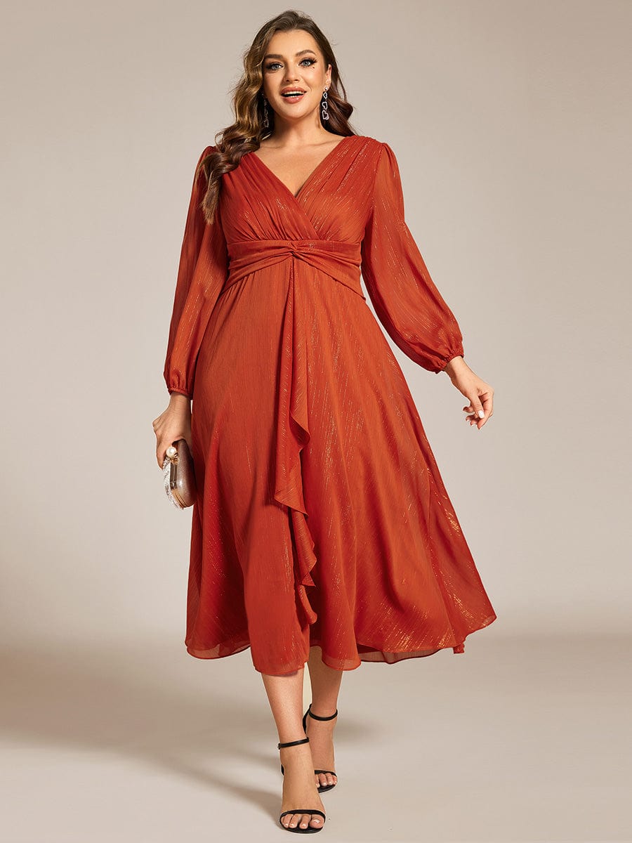 Plus Size Long Sleeve V-Neck Chiffon Twist Knot A-Line Evening Dress #color_Burnt Orange