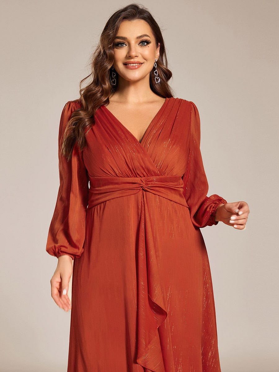 Shimmering Long Sleeve V-Neck Chiffon Twist Knot A-Line Evening Dress #color_Burnt Orange