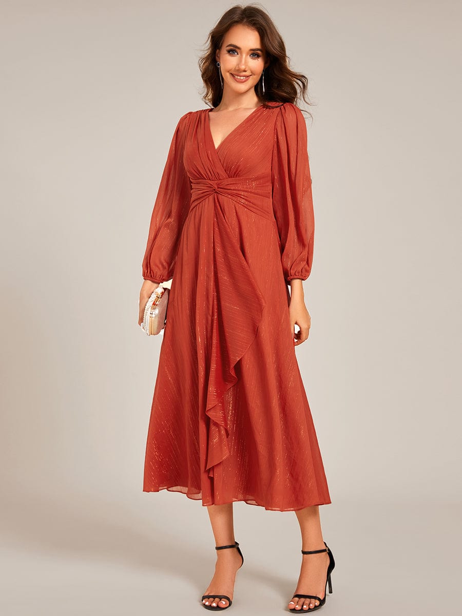 Shimmering Long Sleeve V-Neck Chiffon Twist Knot A-Line Evening Dress #color_Burnt Orange