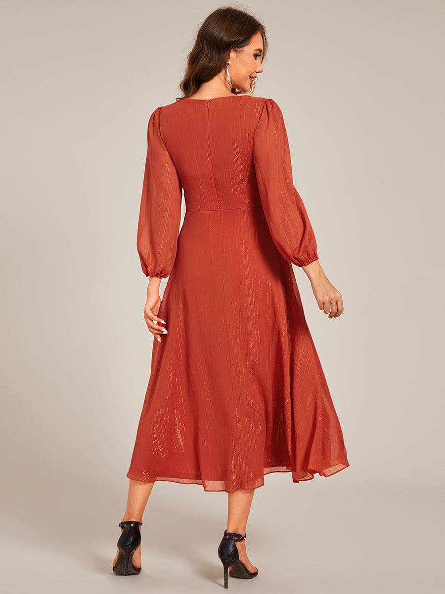 Shimmering Long Sleeve V-Neck Chiffon Twist Knot A-Line Evening Dress #color_Burnt Orange