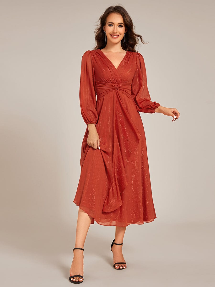 Shimmering Long Sleeve V-Neck Chiffon Twist Knot A-Line Evening Dress #color_Burnt Orange