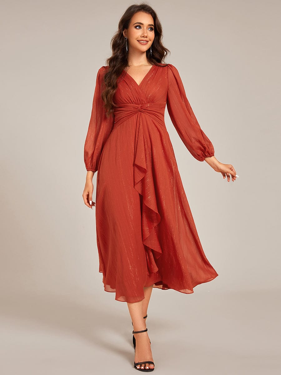 Shimmering Long Sleeve V-Neck Chiffon Twist Knot A-Line Evening Dress #color_Burnt Orange