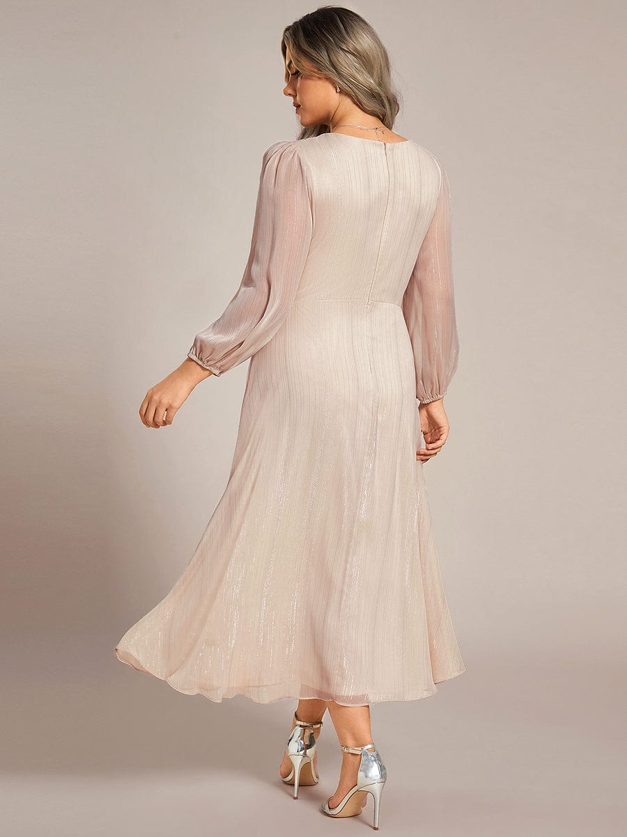 Shimmering Long Sleeve V-Neck Chiffon Twist Knot A-Line Evening Dress #color_Champagne