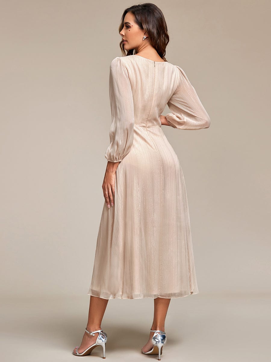 Shimmering Long Sleeve V-Neck Chiffon Twist Knot A-Line Evening Dress #color_Champagne