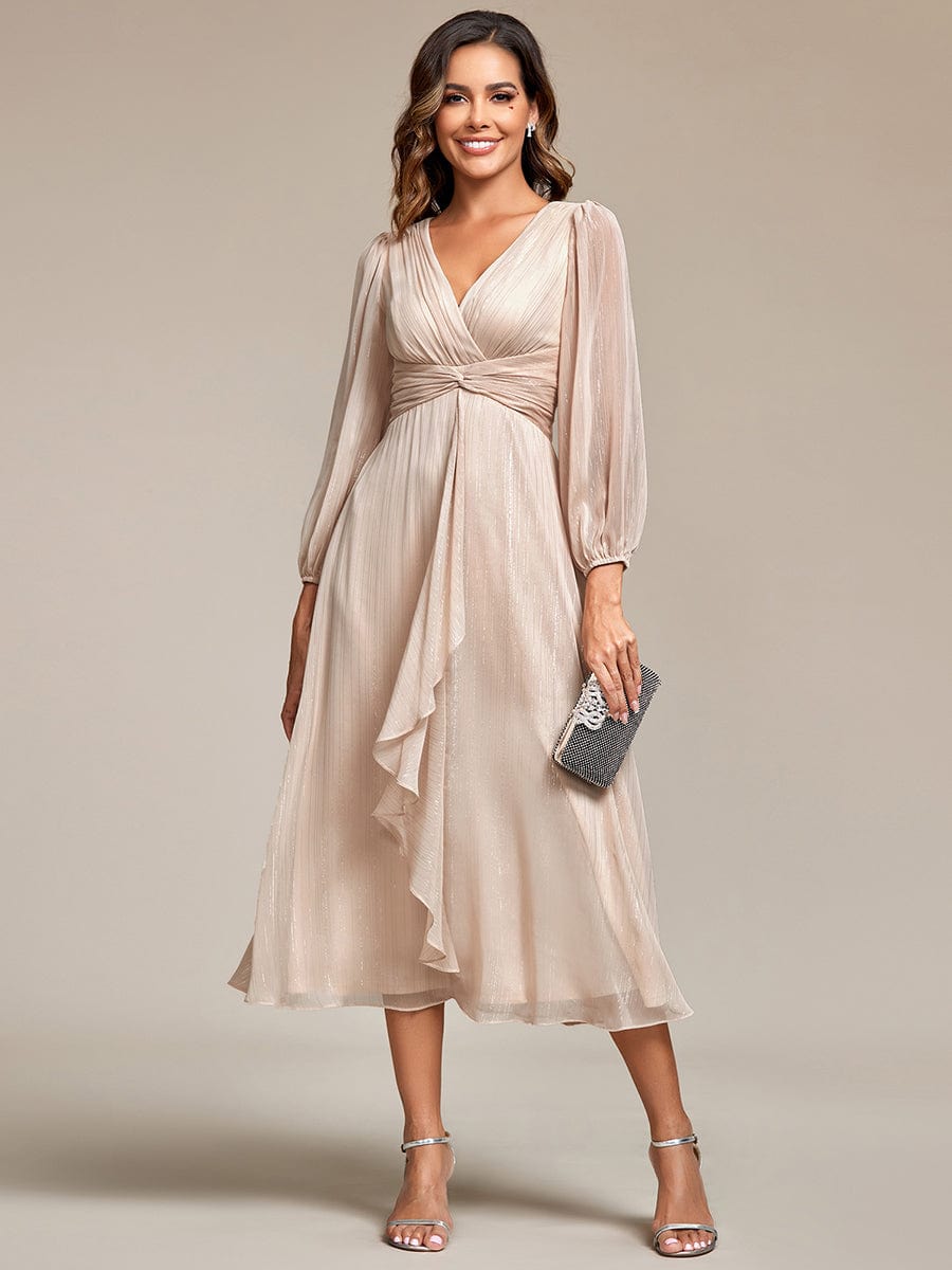 Shimmering Long Sleeve V-Neck Chiffon Twist Knot A-Line Evening Dress #color_Champagne