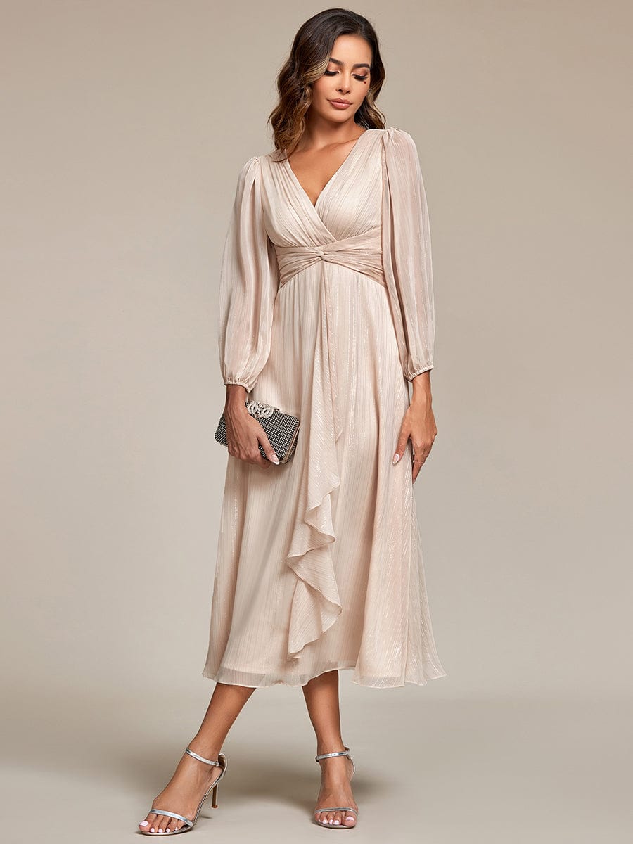 Shimmering Long Sleeve V-Neck Chiffon Twist Knot A-Line Evening Dress #color_Champagne