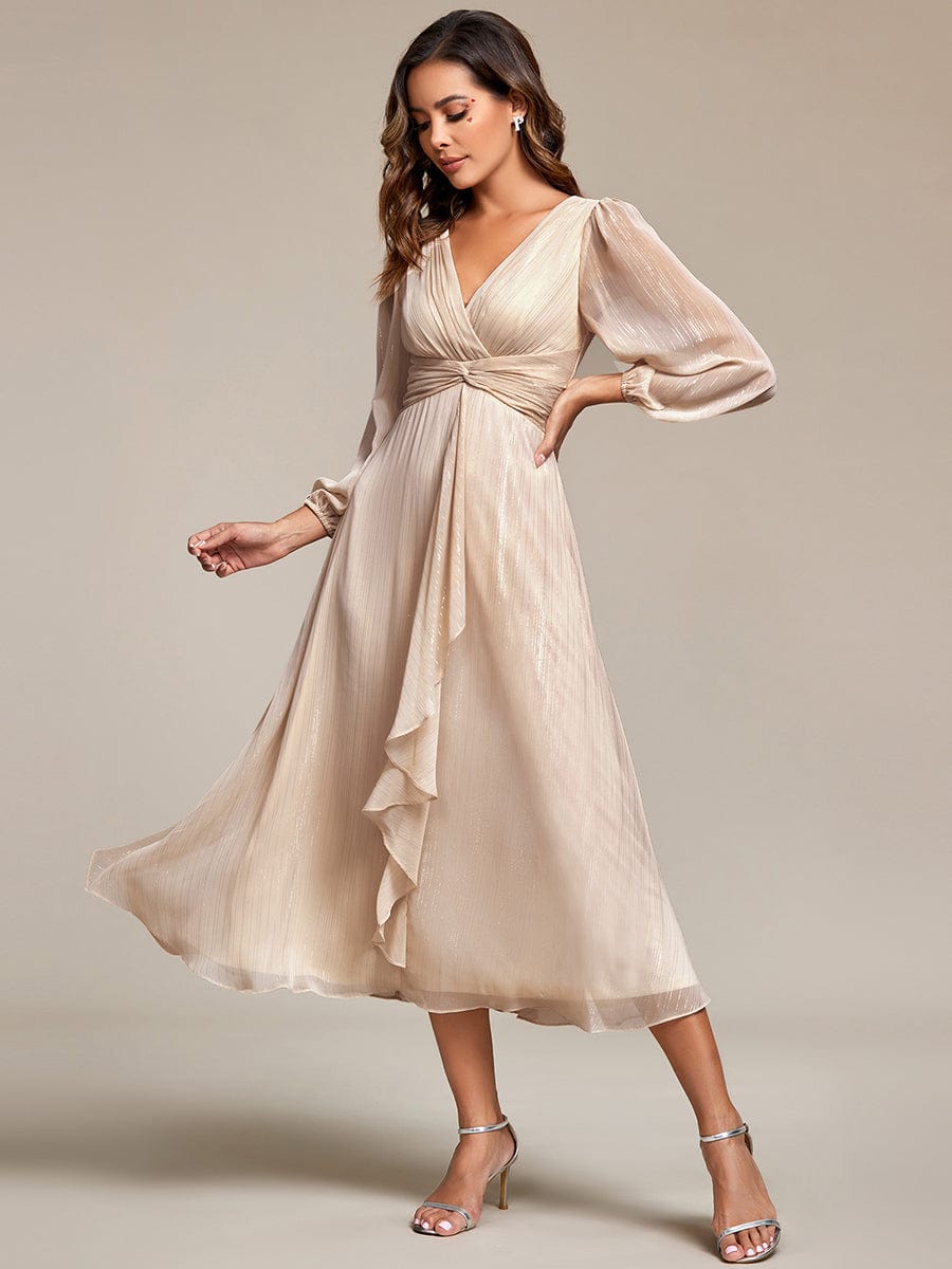 Shimmering Long Sleeve V-Neck Chiffon Twist Knot A-Line Evening Dress #color_Champagne