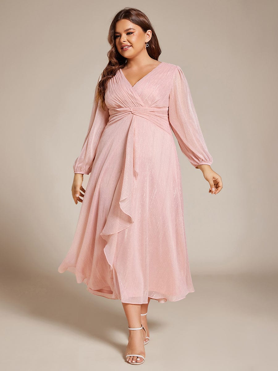 Shimmering Long Sleeve V-Neck Chiffon Twist Knot A-Line Evening Dress #color_Pink