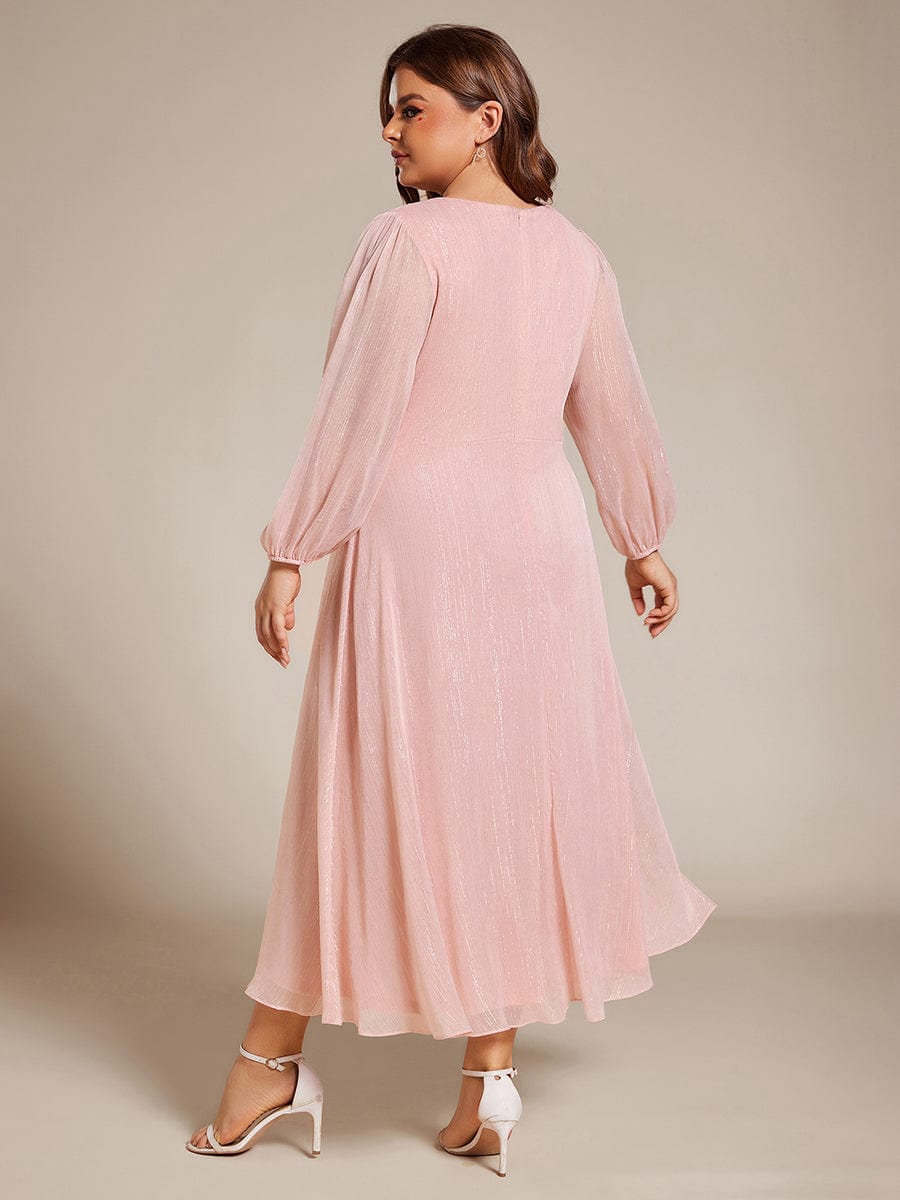 Shimmering Long Sleeve V-Neck Chiffon Twist Knot A-Line Evening Dress #color_Pink