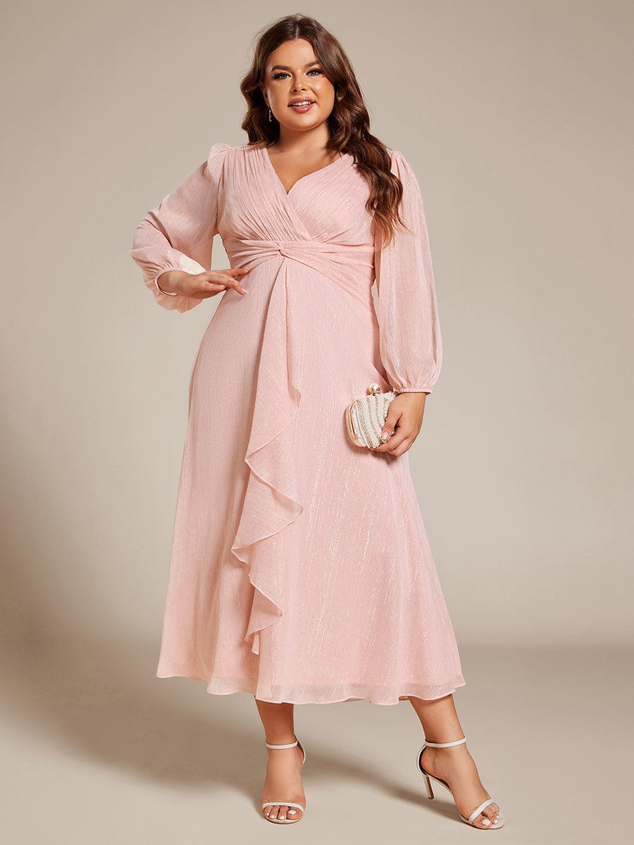 Shimmering Long Sleeve V-Neck Chiffon Twist Knot A-Line Evening Dress #color_Pink