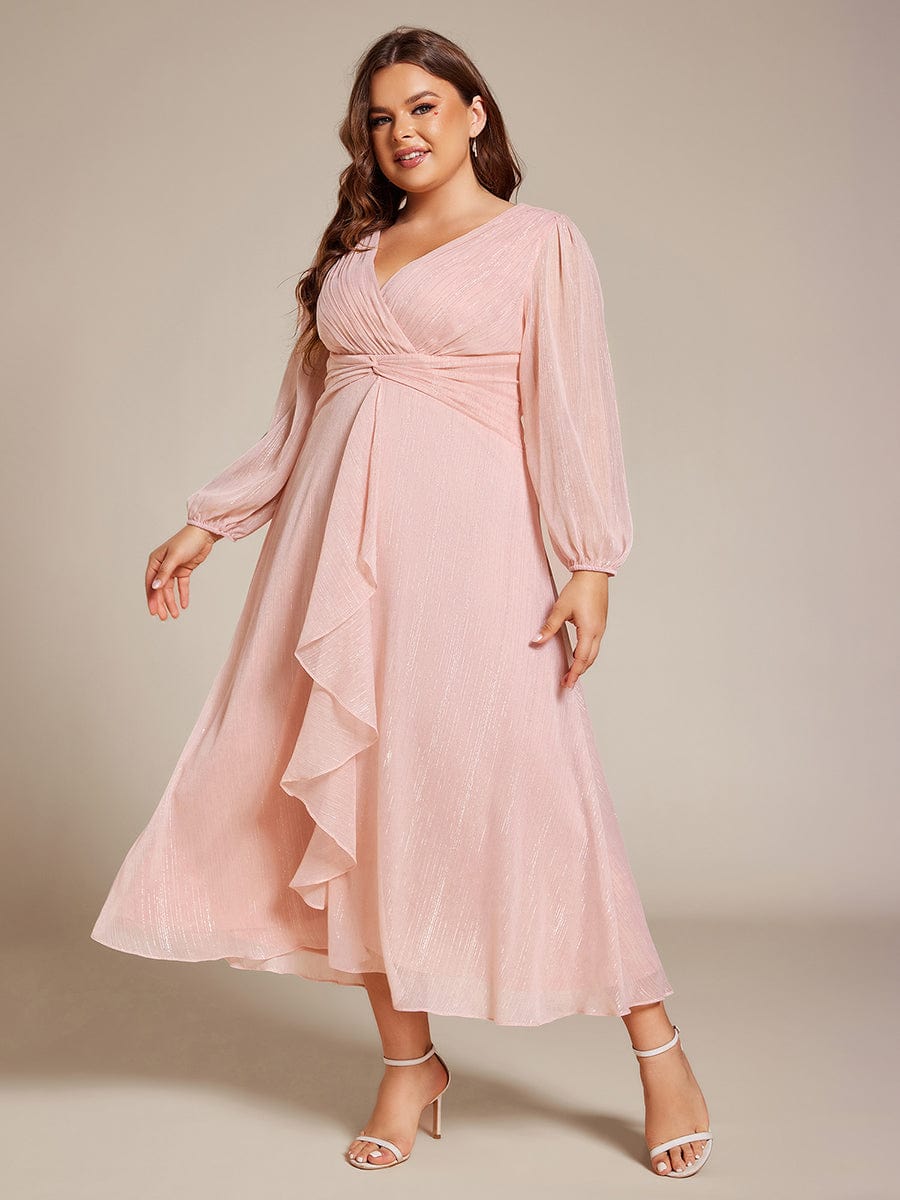 Shimmering Long Sleeve V-Neck Chiffon Twist Knot A-Line Evening Dress #color_Pink