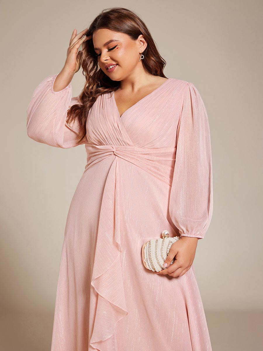 Shimmering Long Sleeve V-Neck Chiffon Twist Knot A-Line Evening Dress #color_Pink