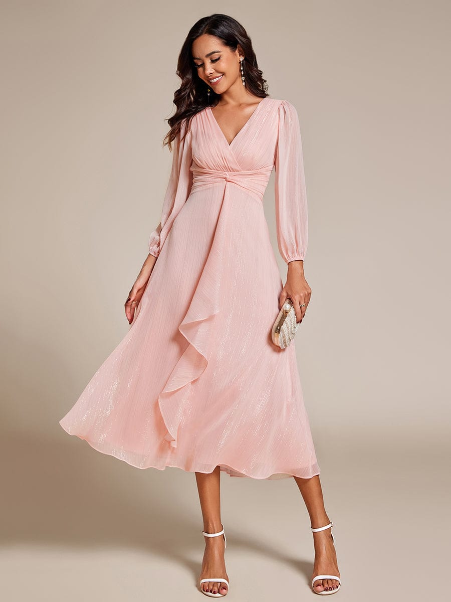 Shimmering Long Sleeve V-Neck Chiffon Twist Knot A-Line Evening Dress #color_Pink