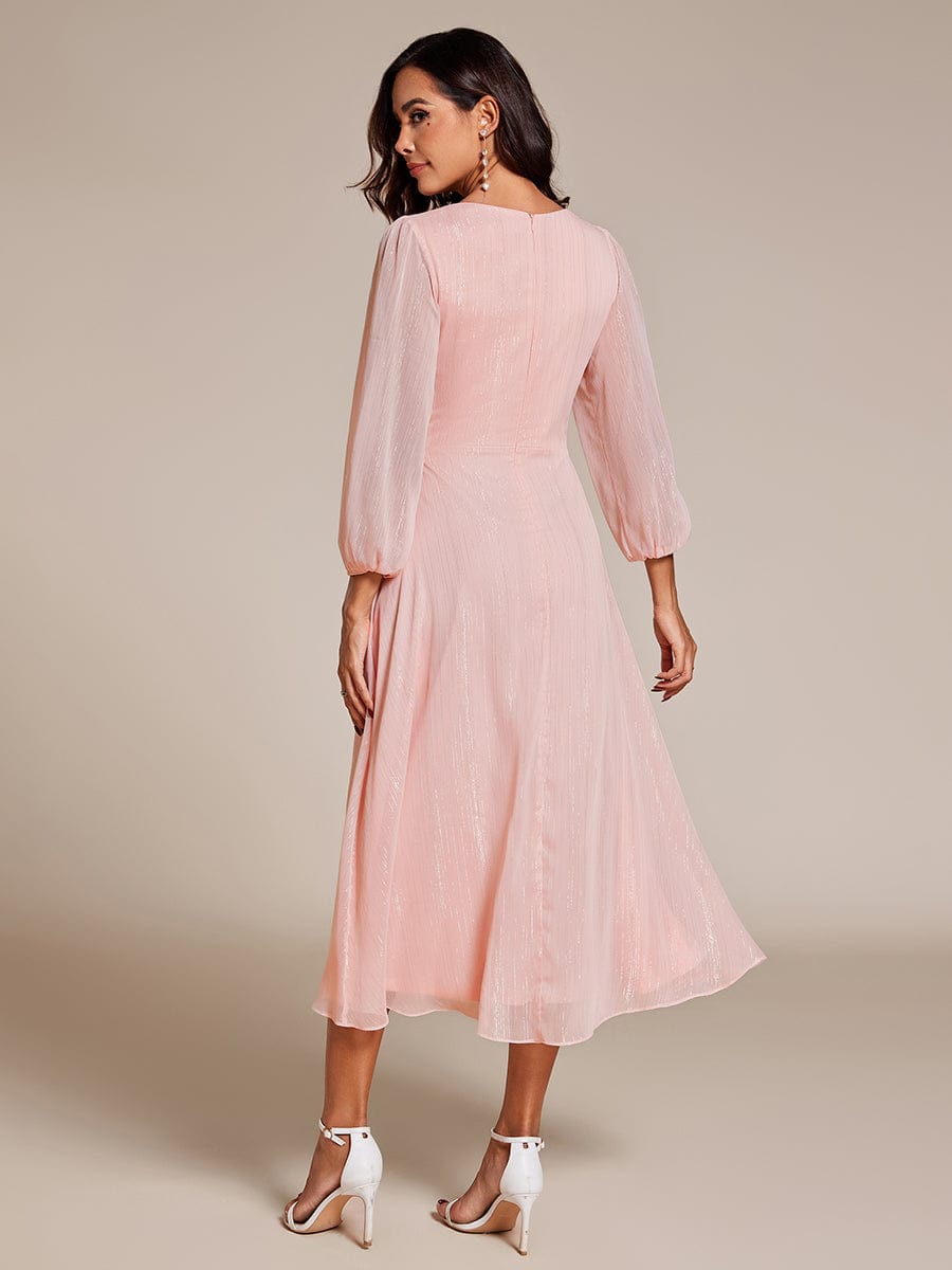 Shimmering Long Sleeve V-Neck Chiffon Twist Knot A-Line Evening Dress #color_Pink