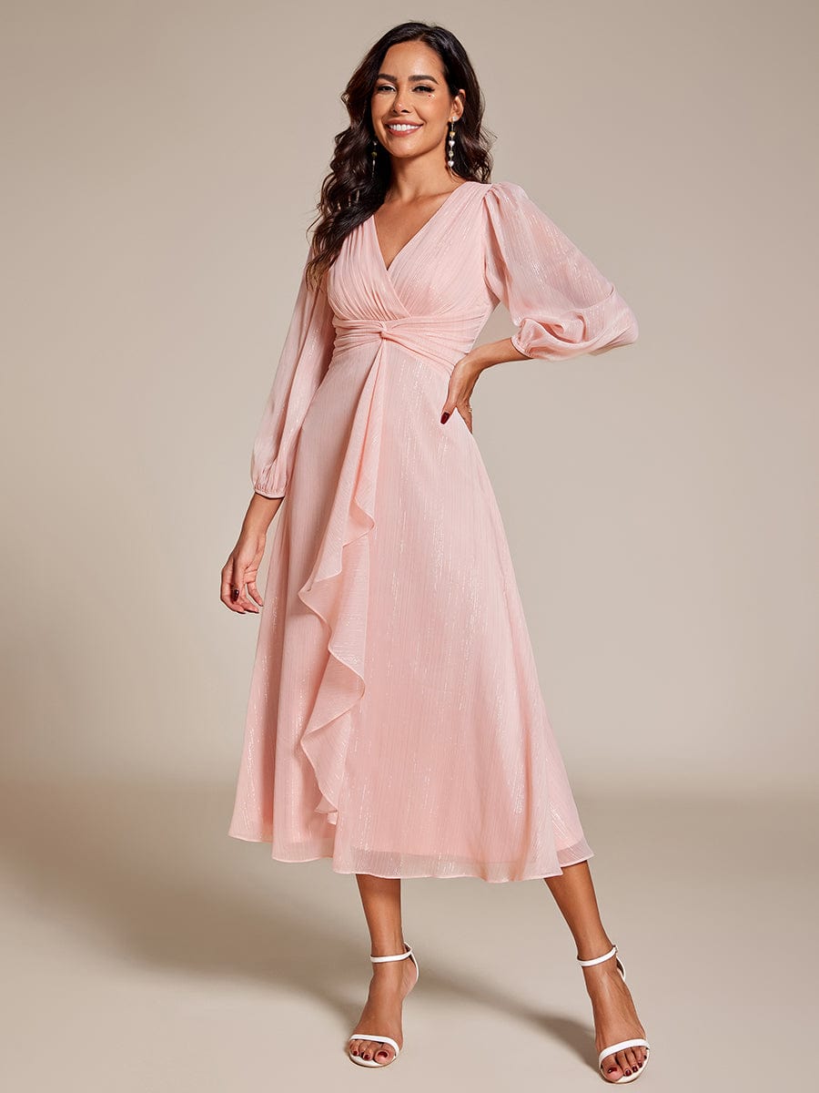 Shimmering Long Sleeve V-Neck Chiffon Twist Knot A-Line Evening Dress #color_Pink