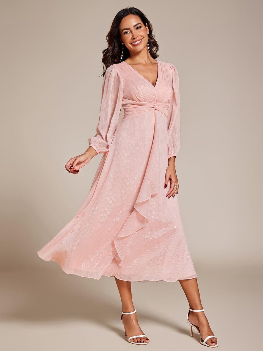 Shimmering Long Sleeve V-Neck Chiffon Twist Knot A-Line Evening Dress #color_Pink