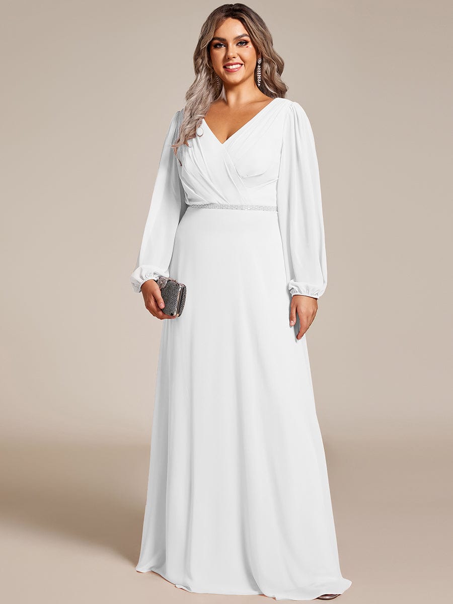 Plus Size Pleated Double V-Neck Long Sleeves Shiny Belt Chiffon Evening Dress #color_White