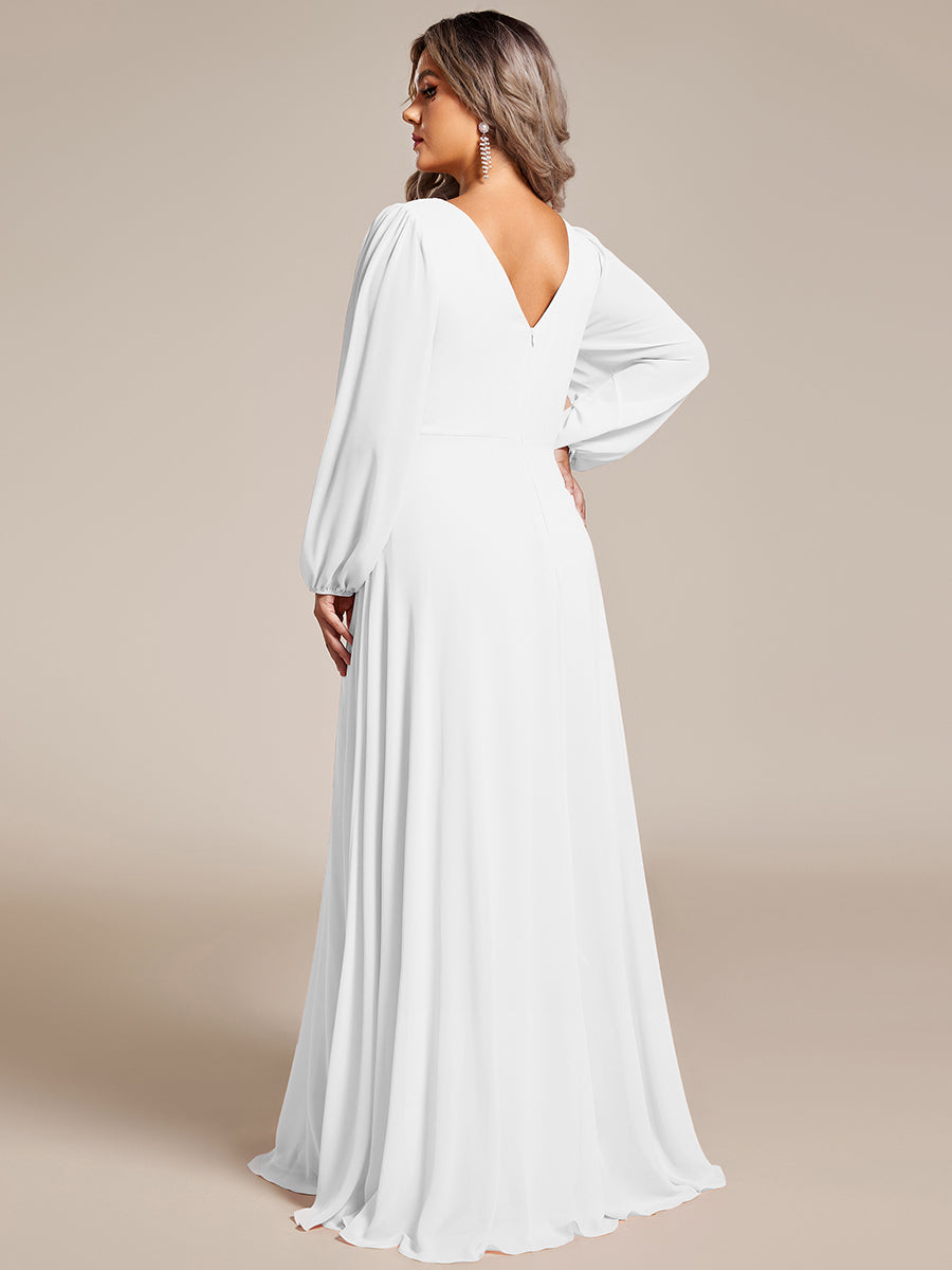 Plus Size Pleated Double V-Neck Long Sleeves Shiny Belt Chiffon Evening Dress #color_White
