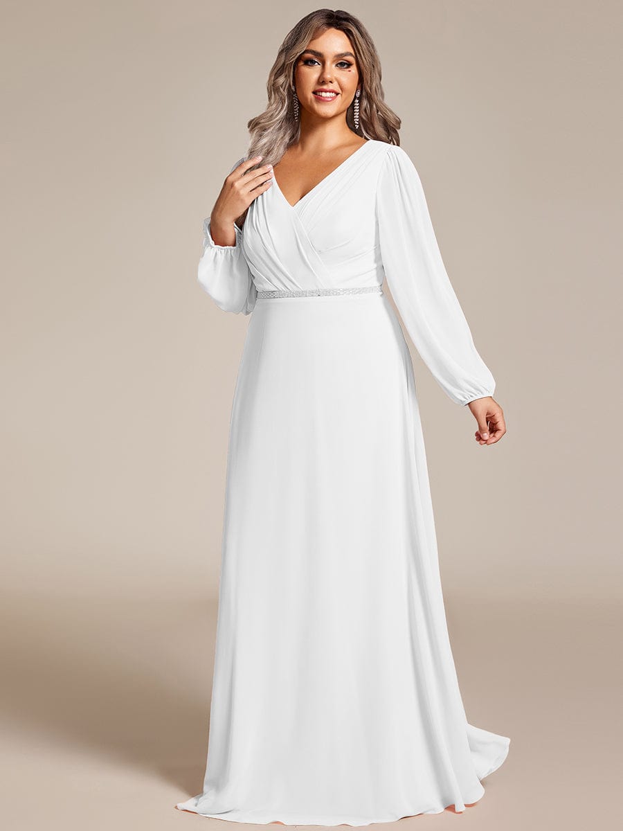 Plus Size Pleated Double V-Neck Long Sleeves Shiny Belt Chiffon Evening Dress #color_White