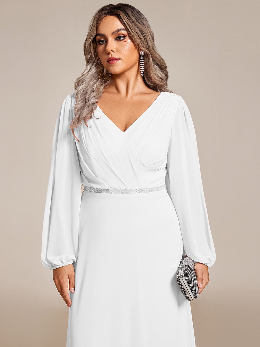 Plus Size Pleated Double V-Neck Long Sleeves Shiny Belt Chiffon Evening Dress #color_White