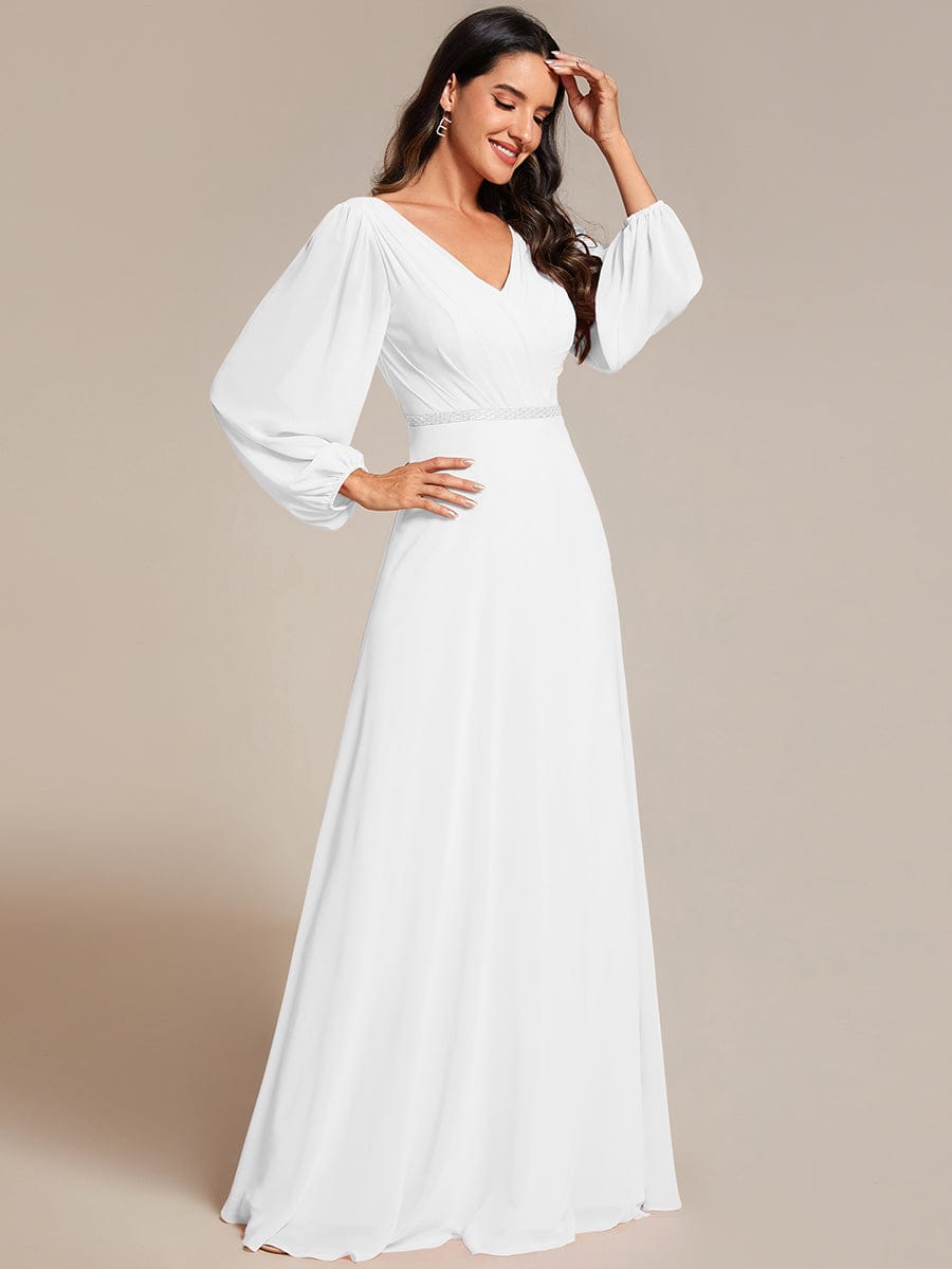 Pleated Double V-Neck Long Sleeves Shiny Belt Chiffon Evening Dress #color_White