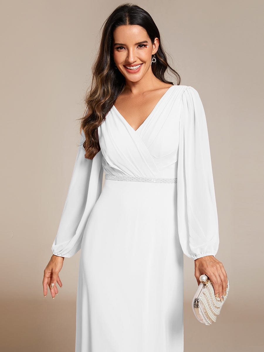 Pleated Double V-Neck Long Sleeves Shiny Belt Chiffon Evening Dress #color_White