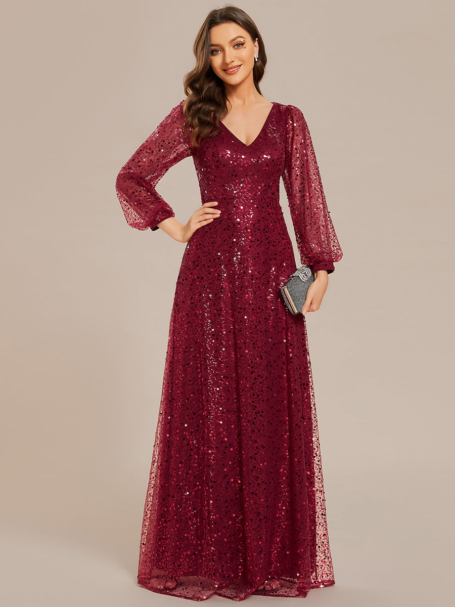 V-Neck Lantern Long Sleeve Sequin A-Line Evening Dress