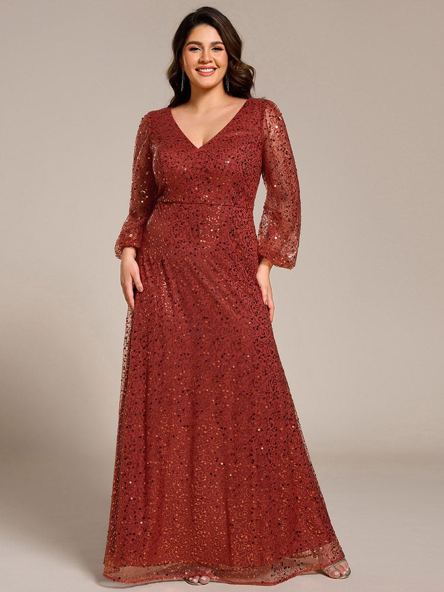 V-Neck Lantern Long Sleeve Sequin A-Line Evening Dress #color_Burnt Orange