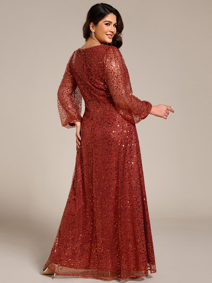 V-Neck Lantern Long Sleeve Sequin A-Line Evening Dress #color_Burnt Orange