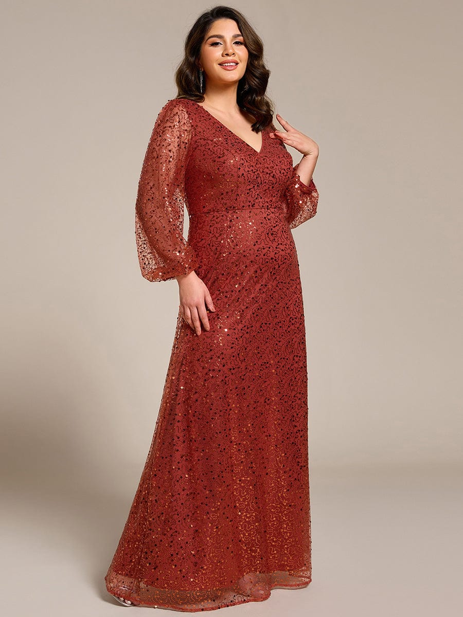 V-Neck Lantern Long Sleeve Sequin A-Line Evening Dress #color_Burnt Orange