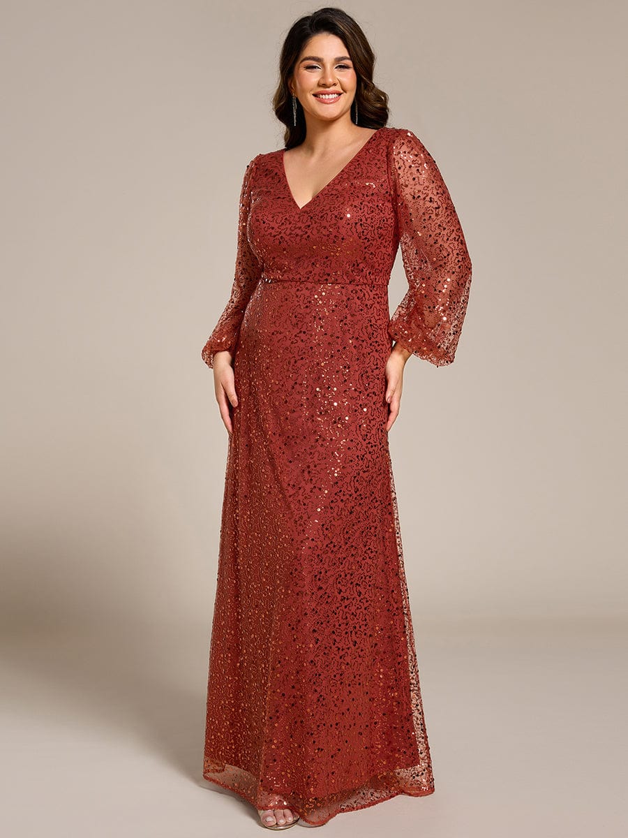 V-Neck Lantern Long Sleeve Sequin A-Line Evening Dress #color_Burnt Orange