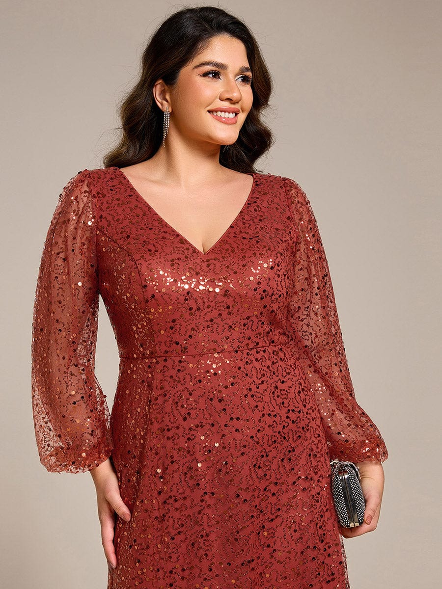 V-Neck Lantern Long Sleeve Sequin A-Line Evening Dress #color_Burnt Orange