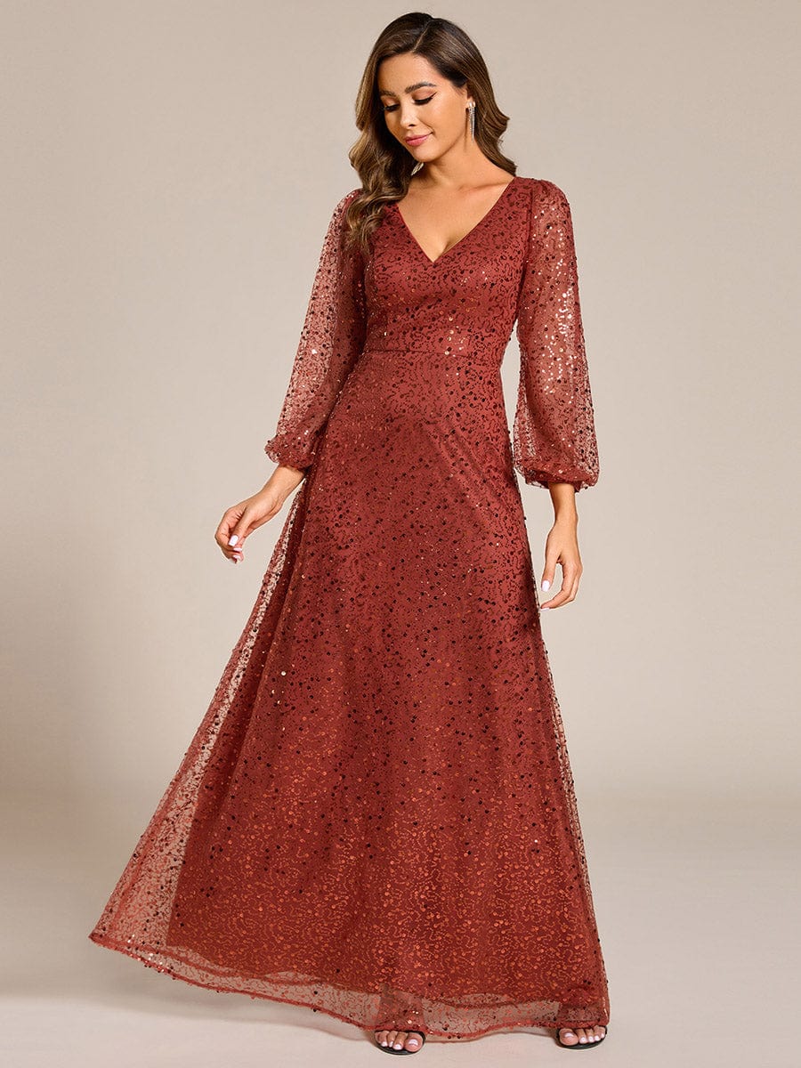 V-Neck Lantern Long Sleeve Sequin A-Line Evening Dress #color_Burnt Orange